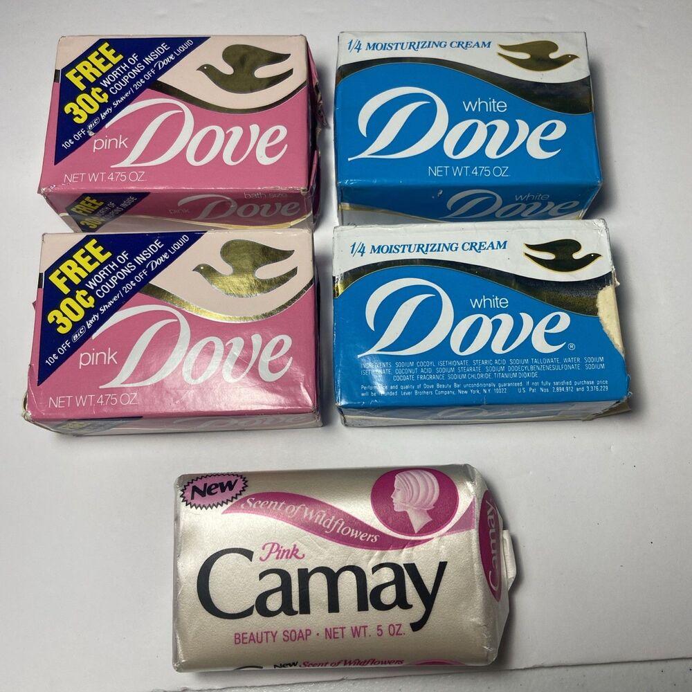 Vintage Dove Beauty Bars Soap 4.75 Oz  Pink White And Camay 5 Oz NOS 5 Bars 1980